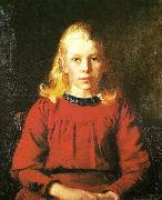 Michael Ancher helga i rod kjole oil on canvas